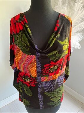 Women's Cowl Neck Floral Blouse - Black with Red & Green